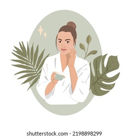 Esencia orgánica del cuidado de la piel de la cara vegetariana. Mujer aplicando crema hidratante en la piel de la cara. Niña cuidada con producto de belleza hidratante. Ilustración vectorial gráfica plana aislada en fondo blanco.