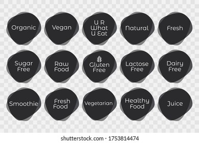 Organic, Vegan, Gluten, Sugar, Dairy, Lactose Free, Natural, Fresh, Raw, Healthy Food, Smoothie, Juice, Vegetarian icons. Vector set for design, product sticker, label, symbol, logo