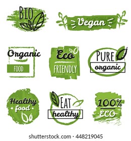 Organic and vegan labels set for healthy products, food, drink, restaurants. Eco, bio food logo. Business signs template, concept, identity labels, badges and objects.