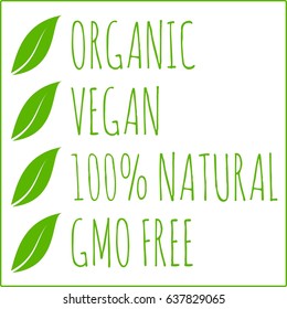 Organic, vegan, natural, GMO free - green leaves vector 