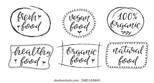 Organic vegan natural healthy food icon frames collection. Doodle black and white label set. Handwritten lettering. Premium quality food and drink background