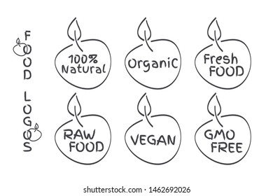 Organic, Vegan, Raw, Fresh Food, GMO Free, 100% Natural labels. Vector logos, signs. Symbols for healthy eating, health, menu, market, product design