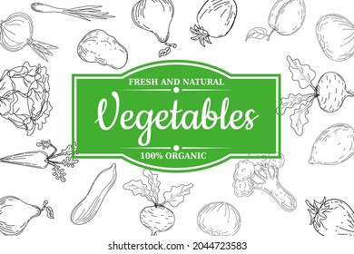 Organic vegatables anf fruits design poster. Hand drawn doodles illustration fresh healthy food. Vector sketch retro style template