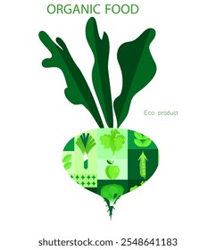  Fondo vegetal orgánico. Comida ecológica, estilo minimalista. Ilustración vectorial de alimentos saludables, col, aguacate, calabacín, cebolla, manzana, uva. Adorno de mosaico en estilo plano. Años 70.