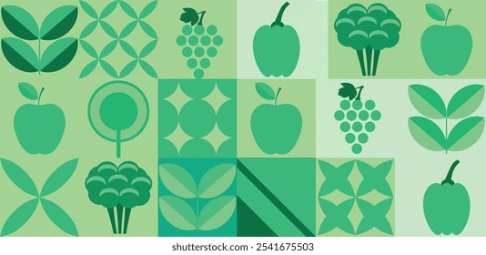 Fondo vegetal orgánico. Alimentos naturales, repollo,   uva, manzana. Adorno de mosaico en estilo plano. Años 70. 