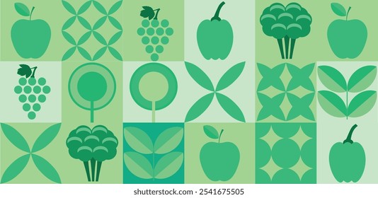 Fondo vegetal orgánico. Alimentos naturales, repollo,   uva, manzana. Adorno de mosaico en estilo plano. Años 70. 