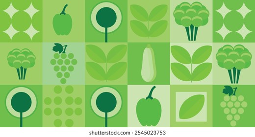 Fondo vegetal orgánico. Alimentos naturales, repollo,   uva, manzana. Adorno de mosaico en estilo plano. Años 70. 