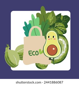 Banner vegetal orgánico, personaje de aguacate, ilustración vectorial, ilustración de vegetales, diseño de alimentos orgánicos , Día Mundial de la Salud