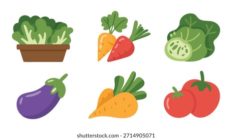 Iconos de canasta de verduras orgánicas Ilustración de comida saludable plana