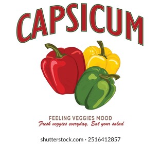 Exploração vegetal biológica. Arte de legumes frescos para impressão de camiseta, cartaz, adesivo e outros usos. Capsicum vintage t-shirt design.