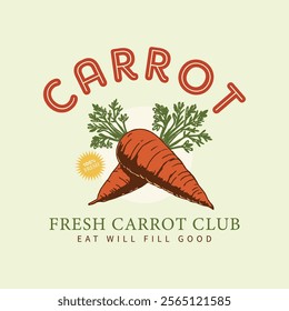 Organic vegetable farm. Fresh veggies artwork for t shirt print, poster, sticker and other uses. Carrot vintage t-shirt design.