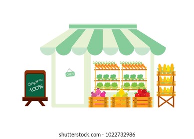 Organic vegetable and fruit store. Flat isolated vector illustration on white background.