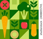Organic vegetable geometric pattern. Natural food in simple geometric shapes, geometric minimalist style with a simple shape. For flyer, web poster, natural products presentation templates. Vector.