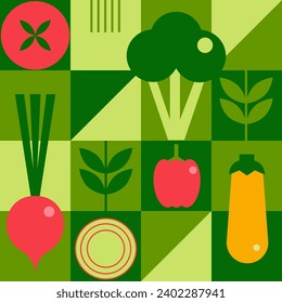 Organic vegetable geometric pattern. Natural food in simple geometric shapes, geometric minimalist style with a simple shape. For flyer, web poster, natural products presentation templates. Vector.