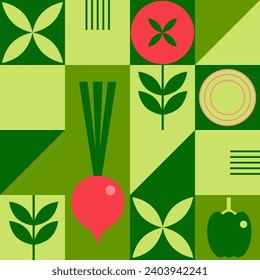 Organic vegetable geometric pattern. Natural food in simple geometric shapes, geometric minimalist style with a simple shape. For flyer, web poster, natural products presentation templates. Vector