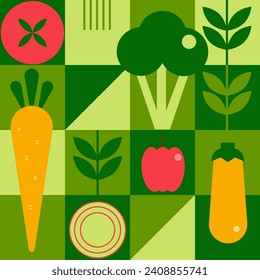 Organic vegetable geometric pattern. Natural food in simple geometric shapes, geometric minimalist style with a simple shape. For flyer, web poster, natural products presentation templates. Vector.