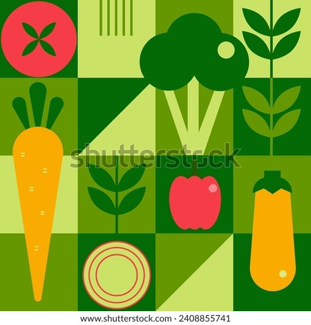 Organic vegetable geometric pattern. Natural food in simple geometric shapes, geometric minimalist style with a simple shape. For flyer, web poster, natural products presentation templates. Vector.