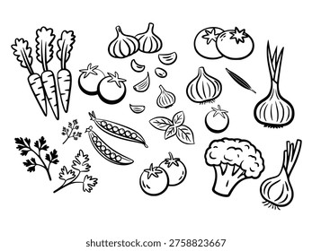 Organic vegetable outline doodle collection. Hand drawn farm food sketch vector set.