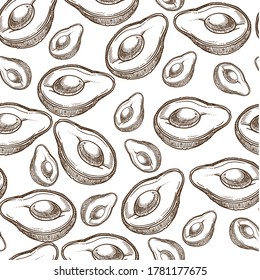 Organic vegetable with seed, avocado seamless pattern. Oily berry, cosmetics or cooking. Essential aromatic plant for skin and hair treatment. Monochrome sketch outline, vector in flat style