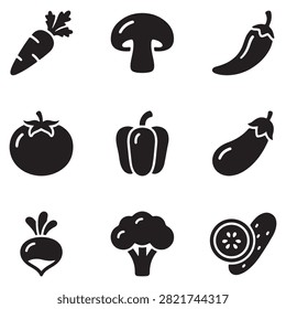 Organic vegetable silhouettes featuring carrot mushroom chili tomato pepper eggplant radish broccoli and cucumber slice.