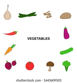 Organic vegetable vector. Healthy garden vegetables.  Chili, carrot, potato, eggplant, cucumber, garlic, string beans, beans, onion, tomatoes and mushrooms. Organic food background.