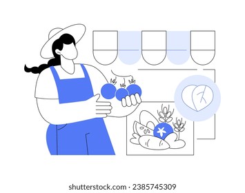 Ilustración vectorial del concepto de verduras orgánicas abstractas. La mujer vende tomates orgánicos en el mercado, la industria de la ecología, verduras sanas, ingeniería genética, metáfora abstracta de condimento vitamínico.