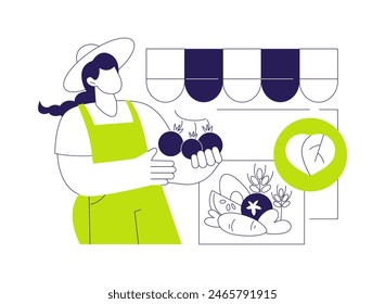 Organic vegetables abstract concept vector illustration. Woman sells organic tomatoes on market, ecology industry, healthy vegetables, genetic engineering, vitamin seasoning abstract metaphor.