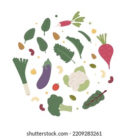 Organic vegetables background in circle with fresh local farm veggies. Healthy vegetarian food. Flat vector illustration of autumn and summer harvest.