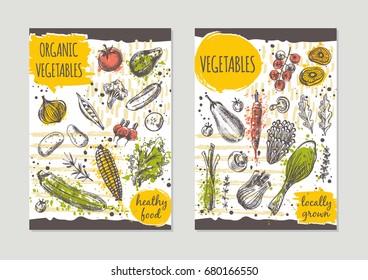 Organic vegetables brochure flyer design. Locally grown. Healthy food. Retro background. Hand drawn vector illustration. Can be used for festival, farmers market, shop, poster, banner, placard.