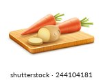 Organic vegetables carrots potatoes cut on wooden board. Eps10 vector illustration. Gradient mesh used. Isolated on white background