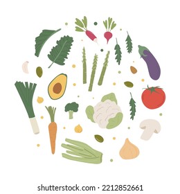 Organic vegetables collection in round circle. Set of fresh local farm veggies. Healthy vegetarian food poster. Flat vector illustration of autumn and summer harvest.