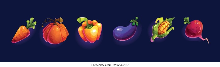 Organic vegetables color icon vector illustrations big set. Healthy vegan diet products pack of flat objects on dark blue background. Art design
