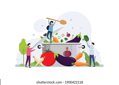 Organic vegetables cooking for healthy lifestyle with tiny people design concept vector illustration