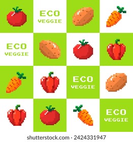 Organic vegetables from ecological farm. Pixelated eco veggies, potatoes and tomatoes, carrots and bell peppers. Tasty, natural dieting and detox. Rich vitamins and fiber source. Vector in flat style