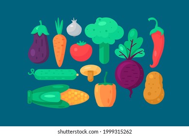 Organic vegetables food collection set vector. Chilli and pepper, cucumber and mushrooms, corn and tomato, garlic and potato. Agricultural bio carrot, turnip and eggplant farm harvest