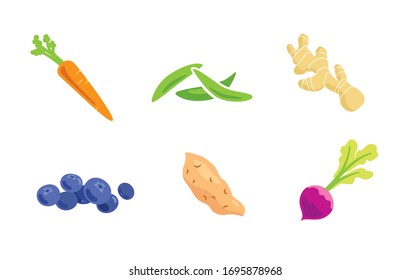 Organic Vegetables and Fruit. Carrot green beans ginger blueberries sweet potato.