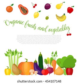 Organic vegetables and fruits background with place for your text.. Vector illustration