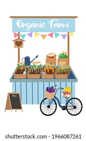 Organic vegetables and fruits farm stall decorated for market festival.