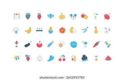 Organic vegetables and fruits, garden cultivation and farmers market color icon set. Juice and harvest of fresh apples and pears from orchard, potato and tomato, strawberry flat vector illustration