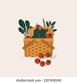 Organic vegetables harvest basket. Tasty food vintage illustration. Vector illustration.