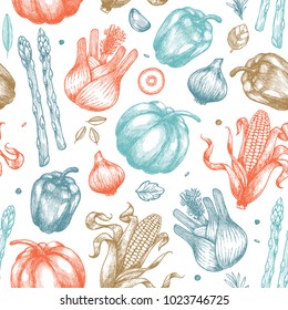Organic vegetables seamless pattern. Handsketched vintage vegetables. Line art illustration. Vector illustration