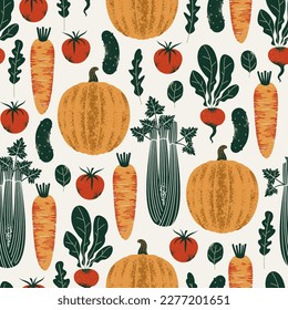 Organic vegetables seamless pattern. Pumpkin with celery and carrot with tomato and cucumber.  Textured vector illustration.