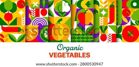 Organic vegetables seamless patterns with mosaic geometric ornament elements. Tile background with pumpkin, pepper, tomato, cucumber and radish, farm wheat and fresh farm food for healthy vegan eating