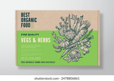 Organic Vegetables Vector Packaging Label Design on a Craft Cardboard Box Container. Modern Typography and Hand Drawn Herbs, Seasonings, Mushrooms and Vegetables Background Layout