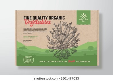 Organic Vegetables Vector Packaging Label Design on a Craft Cardboard Box Container. Modern Typography and Hand Drawn Herbs, Seasonings, Mushrooms and Vegetables Background Layout