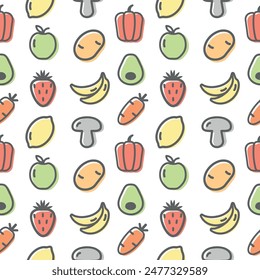 Organic vegetables vector seamless pattern. Healthy garden eco vegetables. Avocado, corn, squash, cucamber and tomato, eggplant, carrot and pepper. Organic food background.