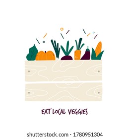 Organic vegetables in wooden box. Farmers harvest, crop. Fresh veggies. Vector illustration