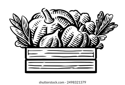 Organic vegetables in wooden crate. Fresh farm products. Healthy vegan food vector illustration