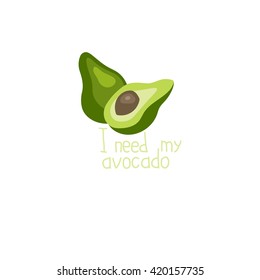 Organic vegetarian avocado in flat style with lettering. Vector illustration