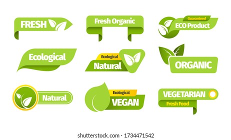 Organic vegetarian banners. Organic natural eco product vegetarian design labels with green leaf sticker brand fresh badges set for farm vegan diets natural market healthy packaging. Template vector